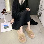 Winter House Women Fur Slippers Cross Band Warm Ladies Plush Shoes Cozy Open Toe Indoor Fuzzy Slides