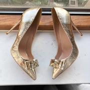 Soft Matte Gold Women Pointy Toe High Heel Bride Bow Shoes Shiny Stiletto Pumps Large Size