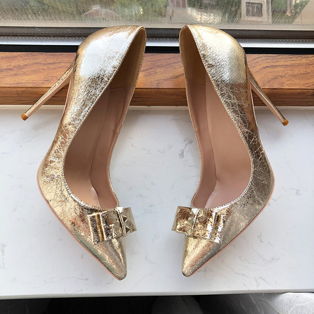 Soft Matte Gold Women Pointy Toe High Heel Bride Bow Shoes Shiny Stiletto Pumps Large Size