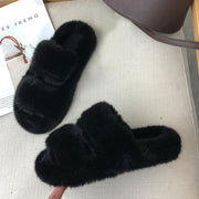 Winter House Women Fur Slippers Cross Band Warm Ladies Plush Shoes Cozy Open Toe Indoor Fuzzy Slides