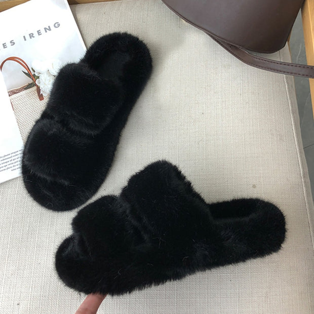 Winter House Women Fur Slippers Cross Band Warm Ladies Plush Shoes Cozy Open Toe Indoor Fuzzy Slides