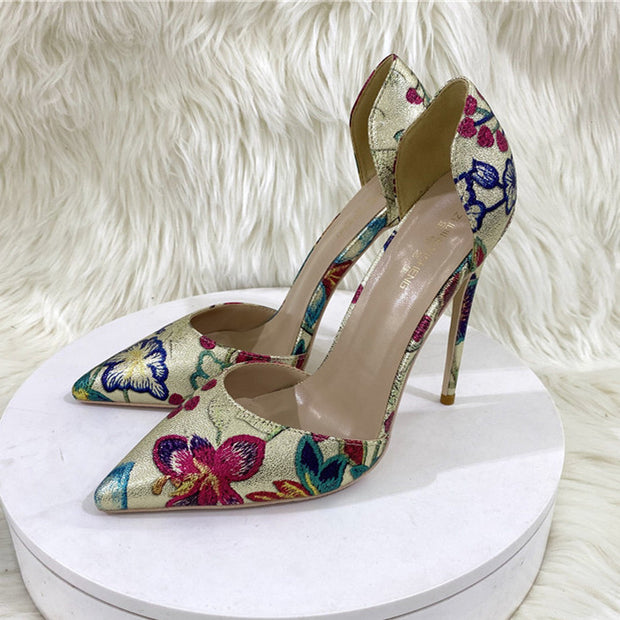 Gold Embroidered Hollow High Heel Pointed Shallow Mouth Shoes