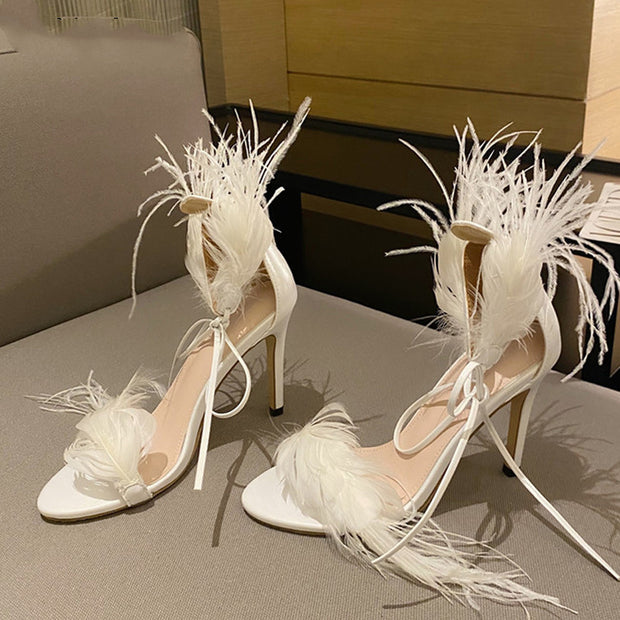 Feather Open Toe Strap High Heels Summer Ankle Lace-Up Sandals Clear Heel Women Party Shoes