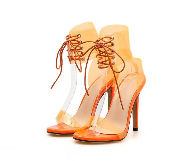 PVC Jelly Lace-Up Sandals Open Toed High Heels Women Transparent Heel Sandals Party Pumps 11CM - Ernadi