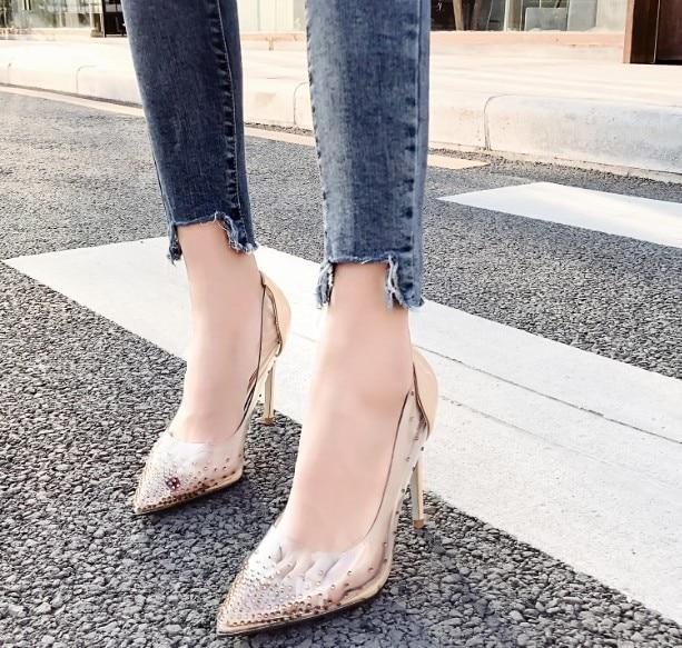 Women PVC Clear Transparent Pumps Rhinestone Crystal High Heel Wedding Bridesmaid Party Stiletto - Ernadi