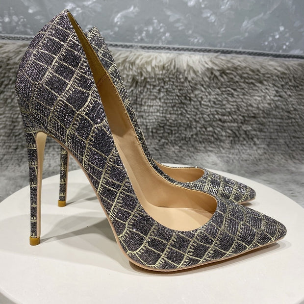 Glitter Embossed Crocodile Effect Women Pointy Toe High Heel Party Dress Shoes Ladies Chic Stiletto Pumps