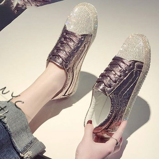 Sneakers Women Flats Golden Silver Shoes Rhinestone Bling Casual Shoes Streetwear
