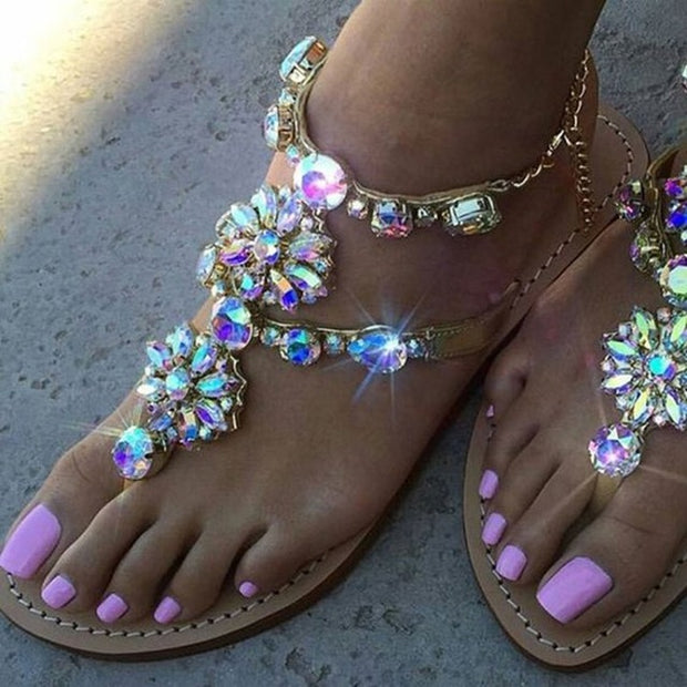 Rhinestones Chains Thong Gladiator Flat Sandals Crystal Plus Size - Ernadi