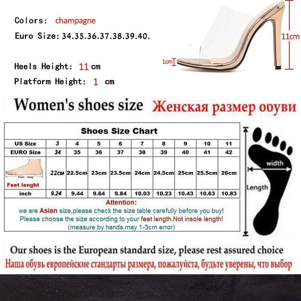 PVC Champagne Slippers Open Toed Thin Heels Women Transparent Heel Sandals Slides Pumps - Ernadi
