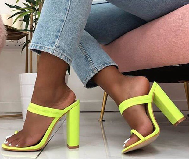 Summer Slippers Sandals Square heel Stretch Fabric Hollow Women Slippers Fluorescent green