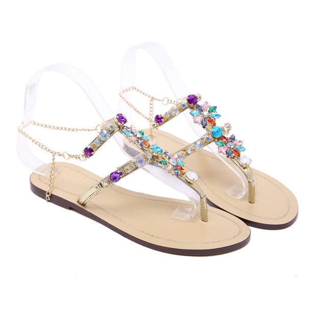 Rhinestones Chains Thong Gladiator Flat Sandals Crystal Plus Size - Ernadi