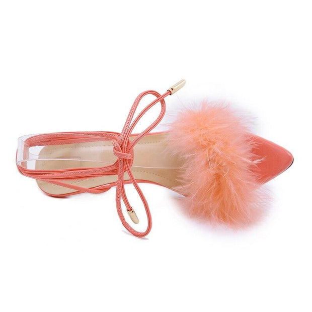 summer shoes woman pointed toe snake print high heels feather women sandals ankle cross strap transparent clear heel - Ernadi