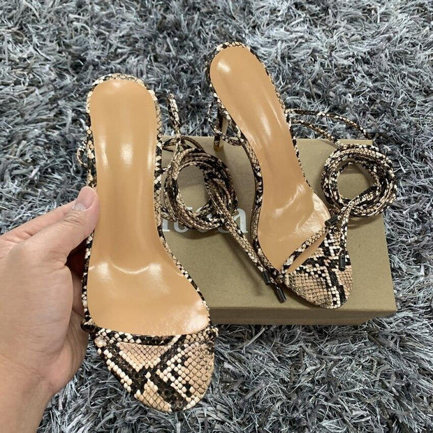 Women High Heels Sandals Summer Outside Snake Print Shoes Woman Lace-Up Cross Strap Gladiator Sandals 11CM Heels - Ernadi