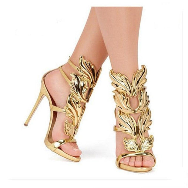 Leather Sandals Women Gold Leaf Gladiator Sandal Party Dress Shoe Woman Patent High Heel Sandals - Ernadi