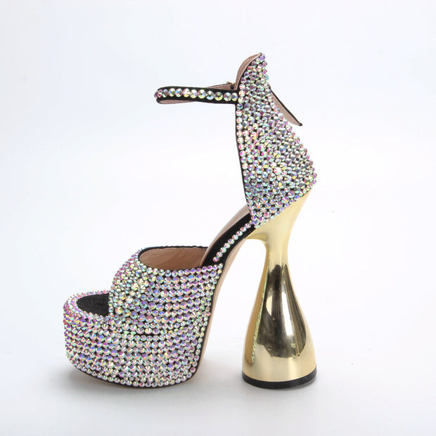 Full Diamond Open Toe Sandals Thick Heel Waterproof Platform Rhinestone Women's Shoes