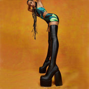 Over The Knee Boots Black High Heel Women's Shoes