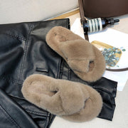 Winter House Women Fur Slippers Cross Band Warm Ladies Plush Shoes Cozy Open Toe Indoor Fuzzy Slides