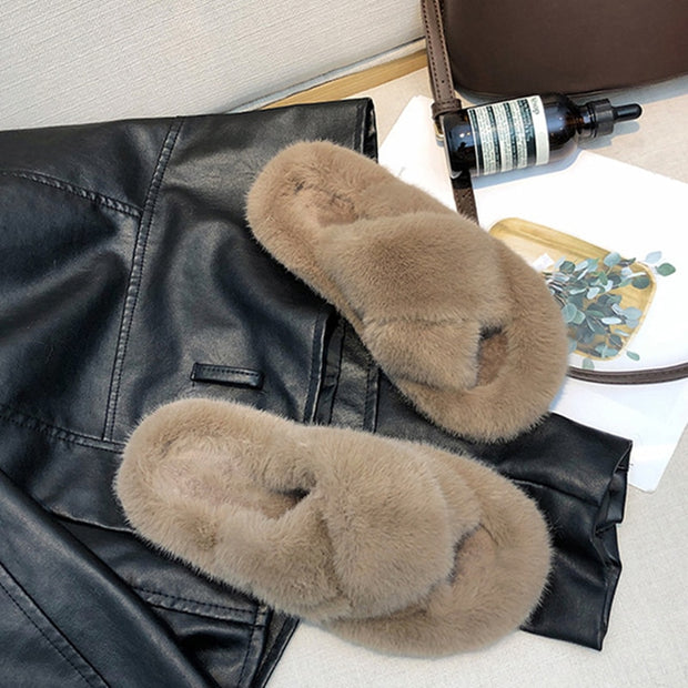 Winter House Women Fur Slippers Cross Band Warm Ladies Plush Shoes Cozy Open Toe Indoor Fuzzy Slides