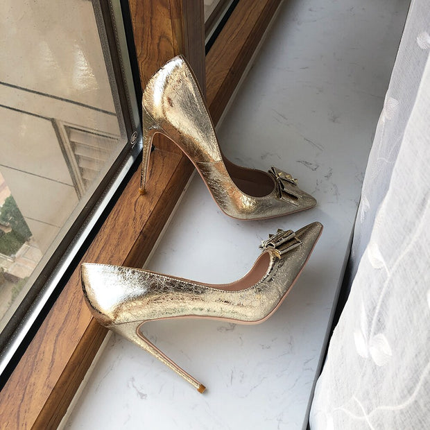 Soft Matte Gold Women Pointy Toe High Heel Bride Bow Shoes Shiny Stiletto Pumps Large Size