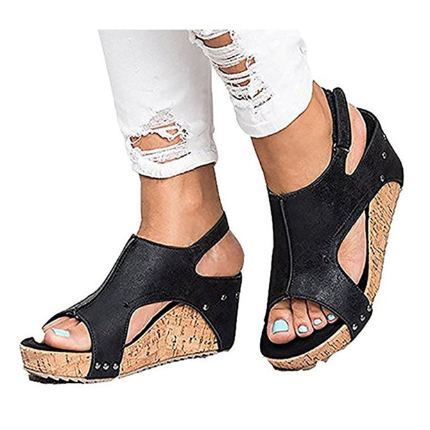 Peep Toe PU Buckle Hook-Loop Wedges Sandals Women’s Summer Shoes