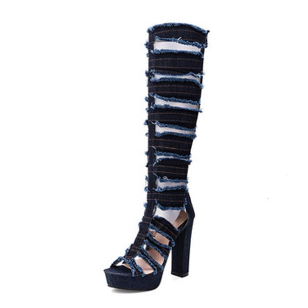 Ripped Denim Roman Style High Knee Boots