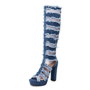 Ripped Denim Roman Style High Knee Boots
