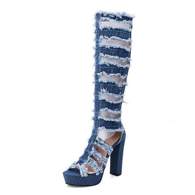 Ripped Denim Roman Style High Knee Boots
