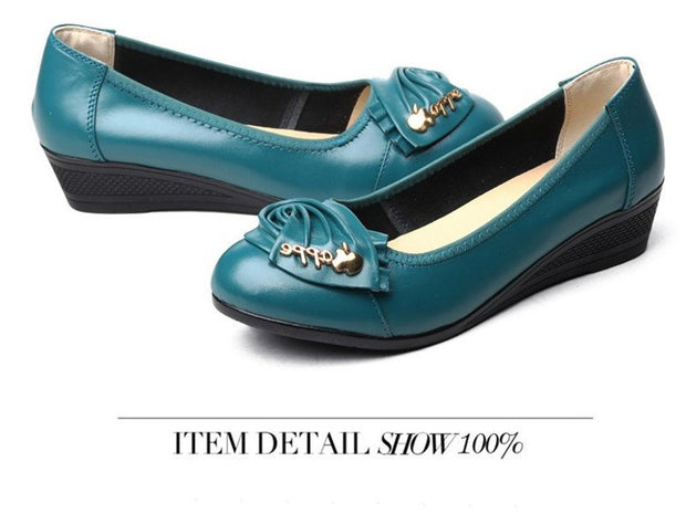 Leather Wedges shoes slip-on ballet flats Metal bowknot lady shoes - Ernadi