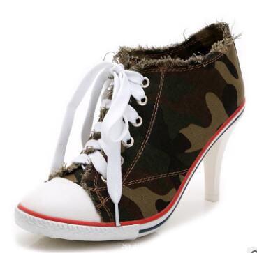 Denim High heels Rivets Canvas Pumps Boots Ankle Lace-Up Thick Thin Heels Shoes