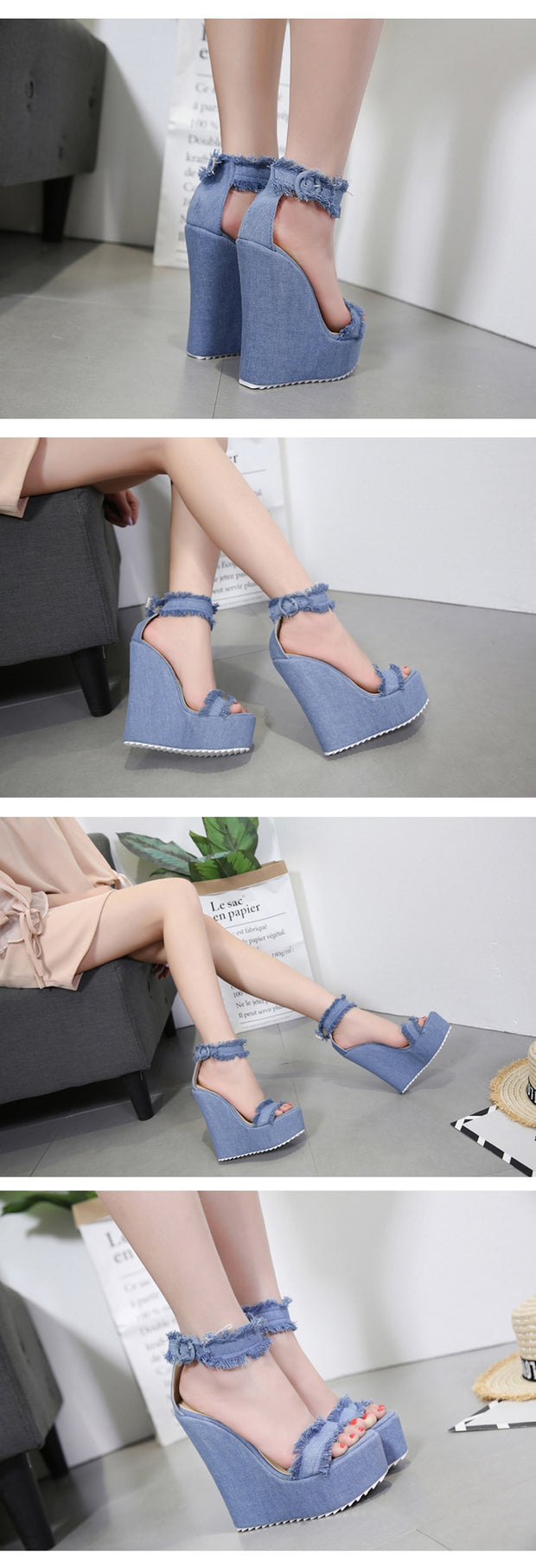 Designer Denim Sandals Summer Roman Sandals Wedges Peep-Toe Platform Shoes