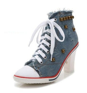 Denim High heels Rivets Canvas Pumps Boots Ankle Lace-Up Thick Thin Heels Shoes