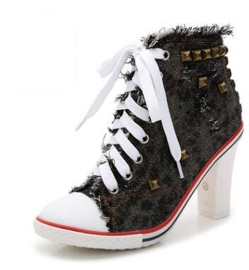 Denim High heels Rivets Canvas Pumps Boots Ankle Lace-Up Thick Thin Heels Shoes