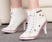 Denim High heels Rivets Canvas Pumps Boots Ankle Lace-Up Thick Thin Heels Shoes