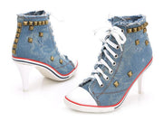 Denim High heels Rivets Canvas Pumps Boots Ankle Lace-Up Thick Thin Heels Shoes