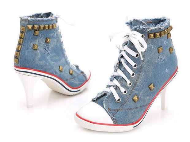 Denim High heels Rivets Canvas Pumps Boots Ankle Lace-Up Thick Thin Heels Shoes