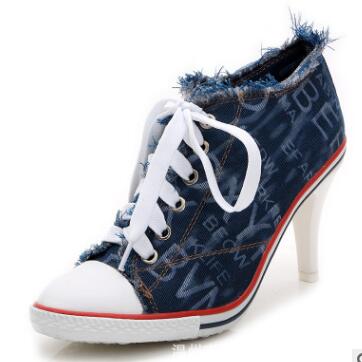Denim High heels Rivets Canvas Pumps Boots Ankle Lace-Up Thick Thin Heels Shoes
