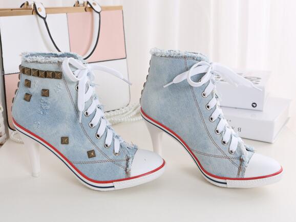 Denim High heels Rivets Canvas Pumps Boots Ankle Lace-Up Thick Thin Heels Shoes