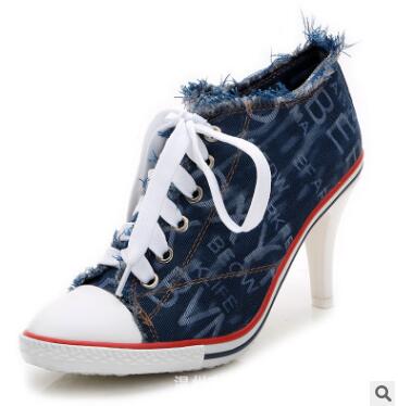 Denim High heels Rivets Canvas Pumps Boots Ankle Lace-Up Thick Thin Heels Shoes