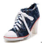 Denim High heels Rivets Canvas Pumps Boots Ankle Lace-Up Thick Thin Heels Shoes
