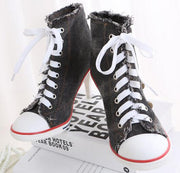 Denim High heels Rivets Canvas Pumps Boots Ankle Lace-Up Thick Thin Heels Shoes