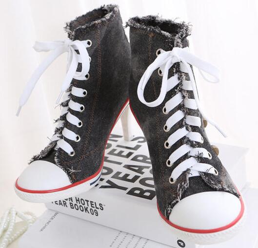 Denim High heels Rivets Canvas Pumps Boots Ankle Lace-Up Thick Thin Heels Shoes