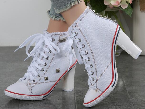 Denim High heels Rivets Canvas Pumps Boots Ankle Lace-Up Thick Thin Heels Shoes