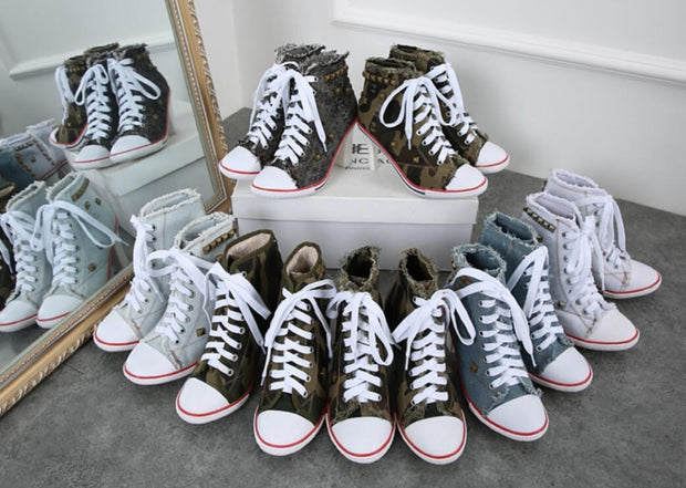 Denim High heels Rivets Canvas Pumps Boots Ankle Lace-Up Thick Thin Heels Shoes