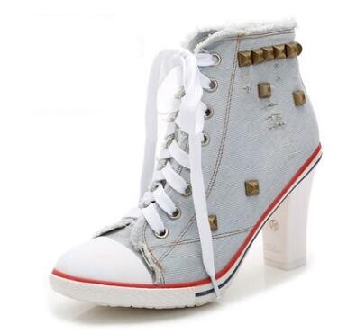 Denim High heels Rivets Canvas Pumps Boots Ankle Lace-Up Thick Thin Heels Shoes