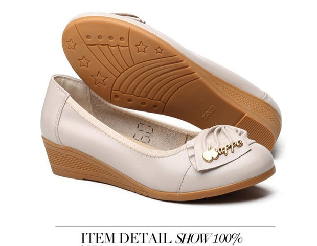 Leather Wedges shoes slip-on ballet flats Metal bowknot lady shoes - Ernadi