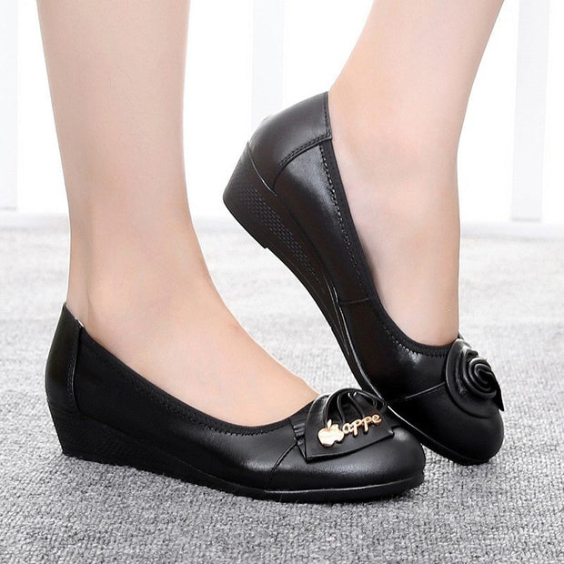 Leather Wedges shoes slip-on ballet flats Metal bowknot lady shoes - Ernadi