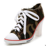 Denim High heels Rivets Canvas Pumps Boots Ankle Lace-Up Thick Thin Heels Shoes