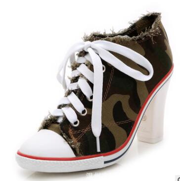 Denim High heels Rivets Canvas Pumps Boots Ankle Lace-Up Thick Thin Heels Shoes