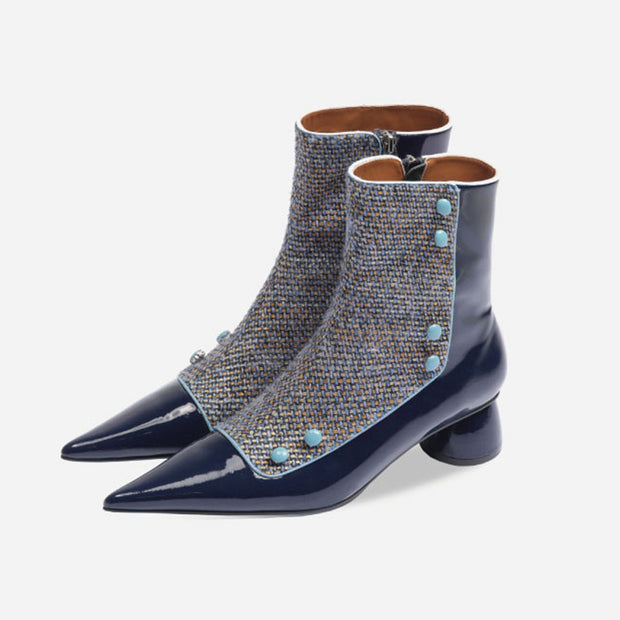 Vintage Blue Patent Leather Women Short Boots Sexy Pointed Toe Ankle Booties Plaid Square High Heel - Ernadi