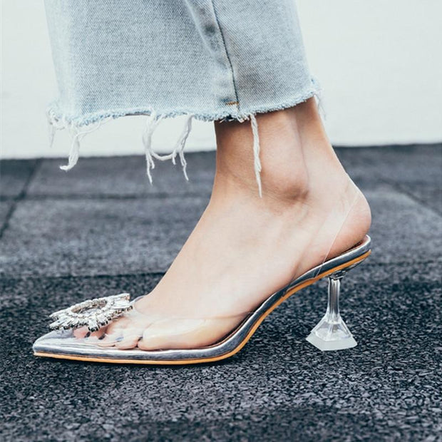 Transparent  women's sandal elegant jelly stiletto shoes pointed rhinestone high heels - Ernadi